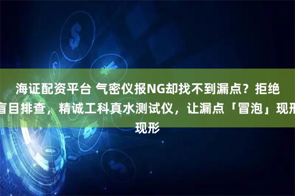 海证配资平台 气密仪报NG却找不到漏点？拒绝盲目排查，精诚工科真水测试仪，让漏点「冒泡」现形